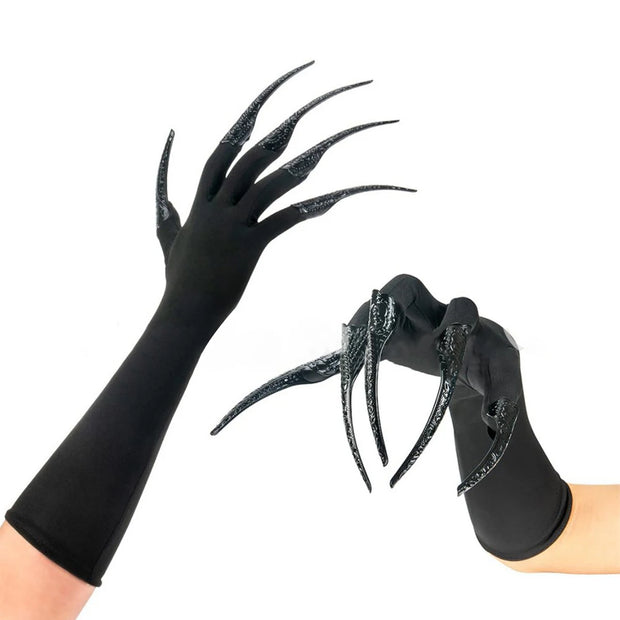 1 Pair Of Black Long Finger Claw Gloves Terrifying Gothic Style Halloween Vampire Witch Demon Adult Cosplay Party Costume Props