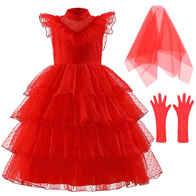 Halloween Lydia Deetz Dresses Child Beetle Juice Lydia Costume Gothic Girls Christmas Party Luxurious Red Lace Dress