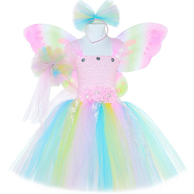 Pastel Flower Fairy Tutu Dress Costume for Girls Birthday Party Princess Dress Kids Halloween Carnival Butterfly Dress Up Outfit