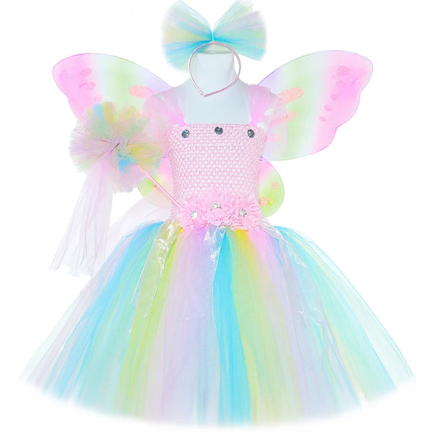 Pastel Flower Fairy Tutu Dress Costume for Girls Birthday Party Princess Dress Kids Halloween Carnival Butterfly Dress Up Outfit