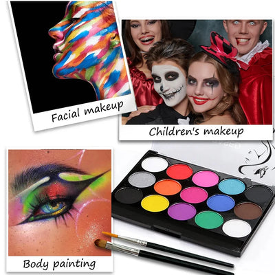 15 Color Water-Soluble Body Paint Palette Set Cosmetic,Safe,Non-toxic Fluorescent & Matte Halloween Makeup Face Painting Cosplay