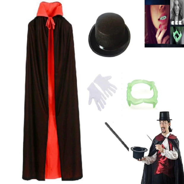 Adult Boy Halloween Magician Cosplay Costumes Vampire Prince Cloak Cape Hat Magic Wand Gloves Set for Family party magic show