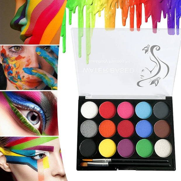 15 Color Water-Soluble Body Paint Palette Set Cosmetic,Safe,Non-toxic Fluorescent & Matte Halloween Makeup Face Painting Cosplay