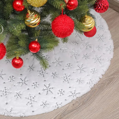 Christmas Tree Skirt Snowflake Design Flannel Plush Glitter Hem Xmas Tree Decorative Cover Base Home Party Decor Holiday Gift