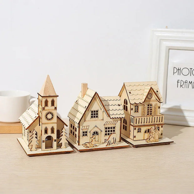 DIY Merry Christmas Decorations Mini Wooden House Luminous Cabin Christmas Tree Hanging Xmas Ornaments New Year Kids Gift