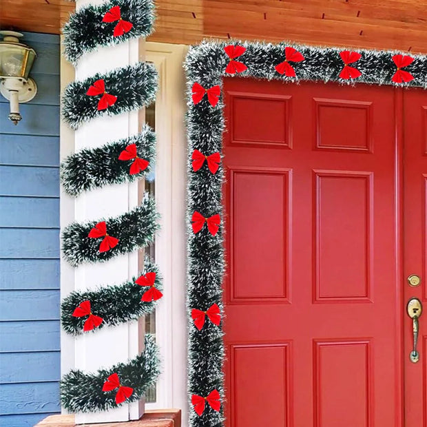 Christmas Garland Decorations 6.5FT Green Christmas Hanging Garland Red Bows Balls Ornaments Xmas Tree Home Party Decor New Year