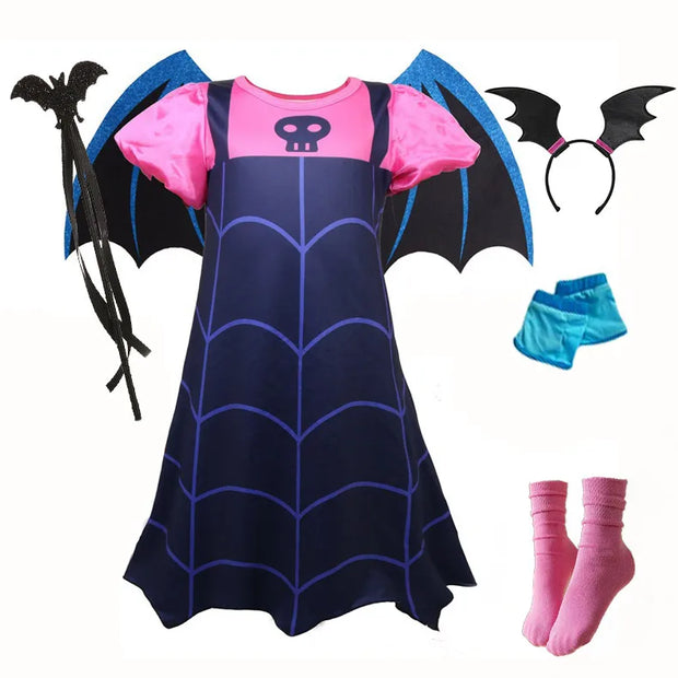 NEW Vampire Dress with Wings for Little Girls Vampirna Anime Role Playing Costume Toddler Halloween Bat Disguise Cute Purim Robe