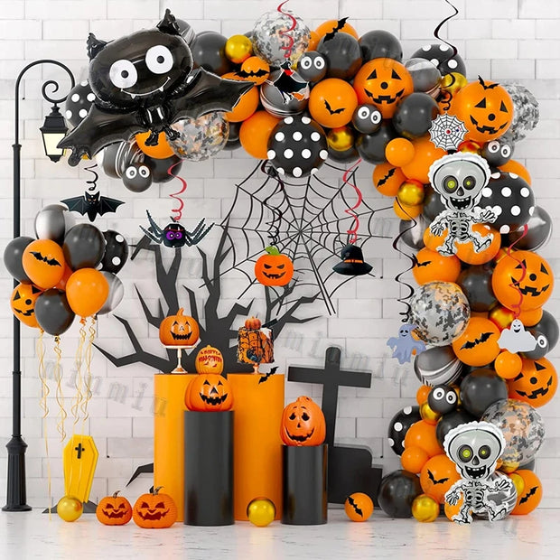 Halloween Bat Balloon Garland Arch Kit Black Orange Ballon 3D Bat Spider Sticker Eye Pumpkin Halloween Party Decoration Supplies