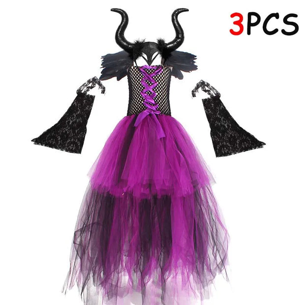 Halloween Kid Girl Cosplay Costume Maleficent Tulle Purple Black Dress Girls Vestidos Party Evil Queen Mesh Princess Dresses