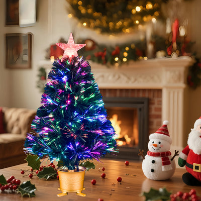 Mini Fiber Optic Tabletop Artificial Christmas Tree with color changing star tree topper, Green, Pre-lit, Xmas Tree, 24 inch