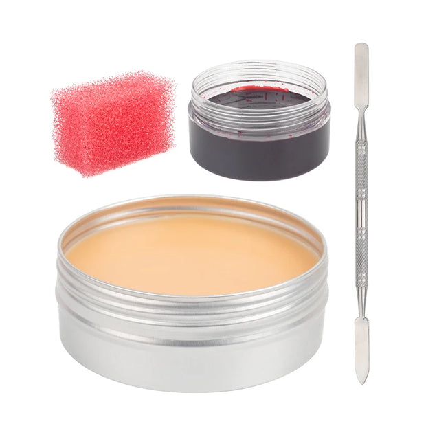 2/4/5PCS SFX Makeup Set Special Effect Halloween Party Wound Scar Wax Makeup with Spatula Sponge to Create a Blood Splash Shape