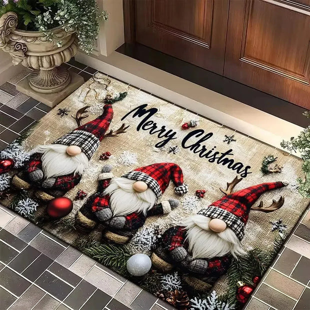 Christmas Gnome Door Mat Plaid Pattern Welcome Rug Festive Home Decor Mat Waterproof Non Slip Floor Protector for Xmas Entrance