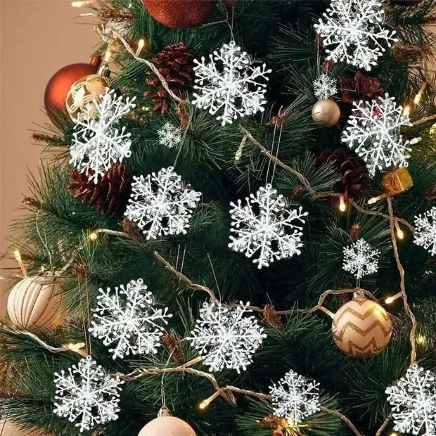 Christmas Plastic White Snowflakes Ornaments Xmas Tree Hanging Pendant Artificial Glitter Snow Flake Home DIY Wreath Decoration