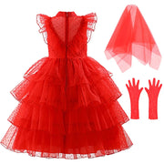 Halloween Lydia Deetz Dresses Child Beetle Juice Lydia Costume Gothic Girls Christmas Party Luxurious Red Lace Dress