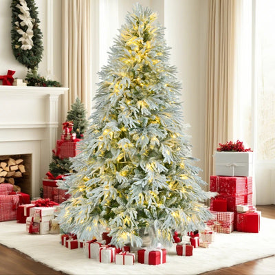 6FT Pre-Lit Spruce Snow Flocked Christmas Tree, Artificial Hinged Xmas Tree with 300 Multi-Color LED Lights, 8 Flashing Modes &7