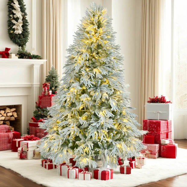 6FT Pre-Lit Spruce Snow Flocked Christmas Tree, Artificial Hinged Xmas Tree with 300 Multi-Color LED Lights, 8 Flashing Modes &7