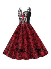 Halloween Cosplay dark Black Rose Skull Dress Women Costume Sleeveless Vintage Party Dresses Skull Witch Scary Girls Clothings