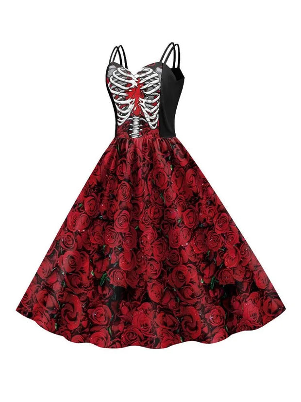 Halloween Cosplay dark Black Rose Skull Dress Women Costume Sleeveless Vintage Party Dresses Skull Witch Scary Girls Clothings