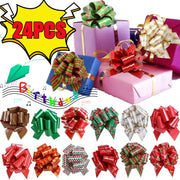 New 24/12PCS Christmas Pull String Bows Big 5 Inch Gift Bows Ribbon for Xmas Present Wrapping Florist Flower Basket Decoration