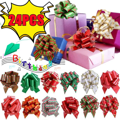 New 24/12PCS Christmas Pull String Bows Big 5 Inch Gift Bows Ribbon for Xmas Present Wrapping Florist Flower Basket Decoration