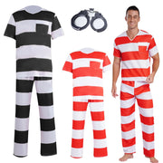 Mens Prisoner Costume Uniform Halloween Guilty Prisoner Sets handcuffs Striped Top Pants Jail Party Cosplay Costumes for Adult