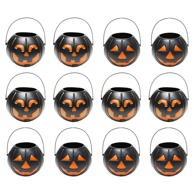 12Pcs Pumpkin Candy Bucket Decors Pumpkin Bucket Kids Candy Bucket Halloween Decorations And Props Black Mini Pumpkin Bucket
