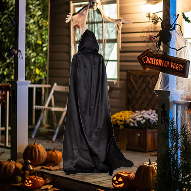 Sorcerer Long Shirt Hooded for Adults and Children Halloween Cosplay Costumes Black Vampire Death Wizard Witch Robe Devil Dress