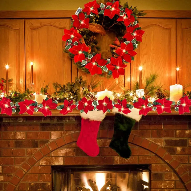 Artificial Poinsettia Garland Christmas Ornaments Flower String Light Holly Berry Green Leaf Vine for Xmas Tree Table Decoration