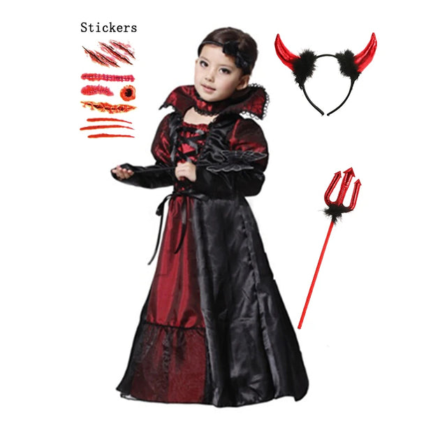 Halloween Fantasy Children's Costumes Ghost Bride Gothic Cosplay Girls Red Vampire Day of The Dead Kids Costumes for Boy Girl