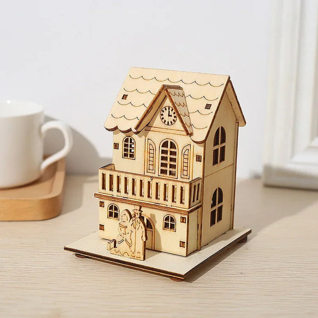 DIY Merry Christmas Decorations Mini Wooden House Luminous Cabin Christmas Tree Hanging Xmas Ornaments New Year Kids Gift