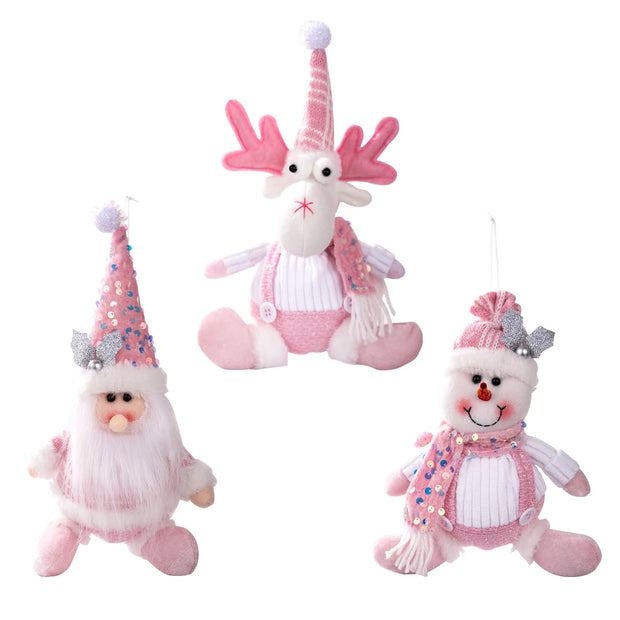 Christmas Decorations: Pink Sequined Scarf, Snowman, Pink Overalls, Reindeer, Pink Sequined Pointed Hat, Santa Claus Home Decor
