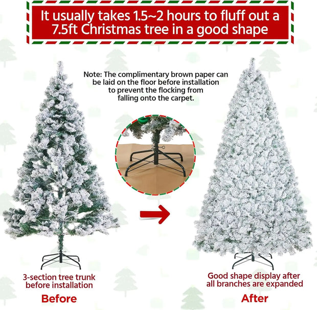 Yaheetech 7.5ft (228.6cm) Pre-lit Snow Flocked Artificial Spruce Christmas Tree | 550 Multicolor LED Lights, 1284 Branch Tips, M