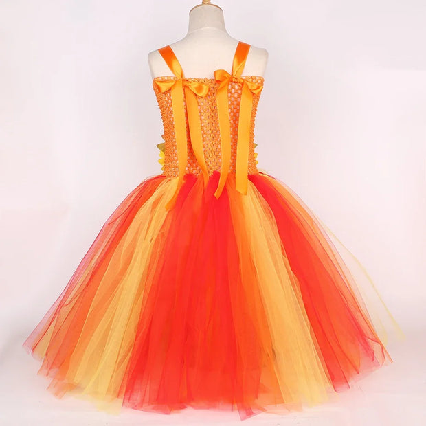 Fall Woodland Fairy Costume for Girls Orange Maple Leaves Sun Flower Fairy Tutu Dress with Wings Wand Kids Halloween Costumes