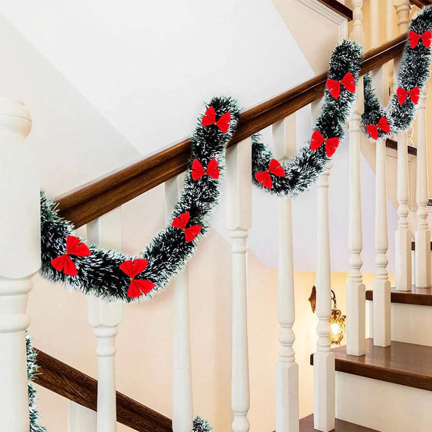 Christmas Garland Decorations 6.5FT Green Christmas Hanging Garland Red Bows Balls Ornaments Xmas Tree Home Party Decor New Year