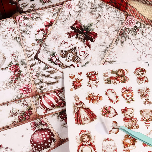56pieces(12 A5 papers and 44stickers)Christmas Classic DIY Decoupage Paper Kit, for Scrapbooking, Christmas Collage Decoration