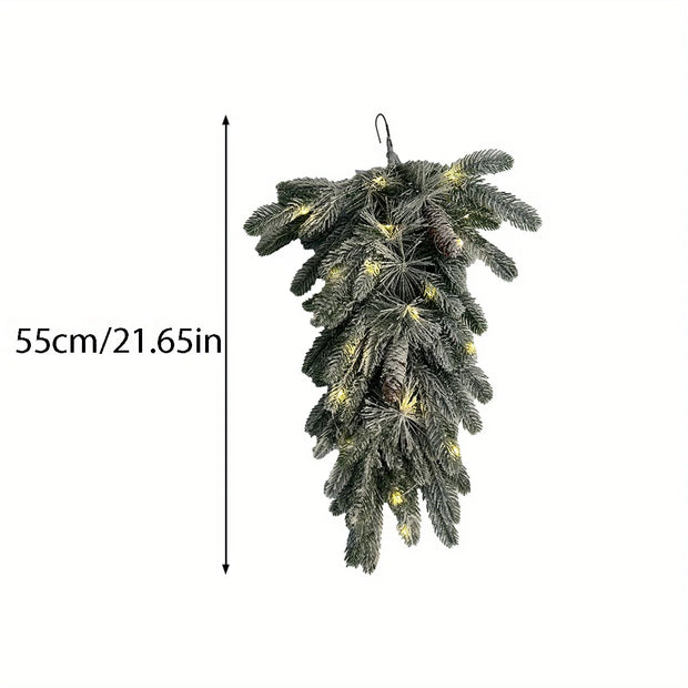 Pre-Lit Greenery Pine Cone Christmas Garland Flocked and Warm White Led Lights, Front Door Christmas Wreath, Teardrop