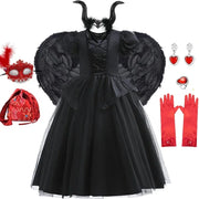 Maleficent Costume for Girls Halloween Witch Cosplay Black Witch Short Sleeve Cute New Horror Dress Accessories Set