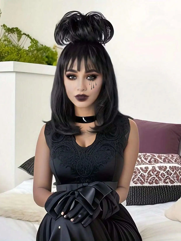 Black Lydia Deetz Cosplay Wig With Buns Corpse Bride Gothic Costume Wigs For Women Halloween Party Beetlejuice Costume Women Wig