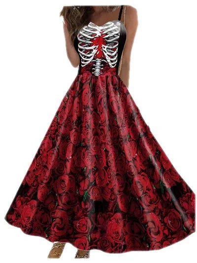 Halloween Cosplay dark Black Rose Skull Dress Women Costume Sleeveless Vintage Party Dresses Skull Witch Scary Girls Clothings