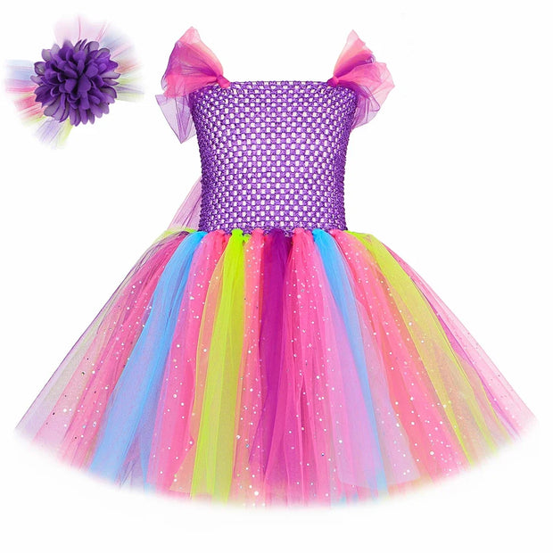Girls Butterfly Fairy Tutu Dress with Wings Set Glitter Girls Rainbow Tulle Princess Dress Kids Halloween Birthday Party Costume