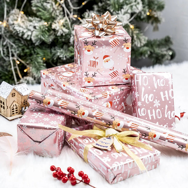 1 Roll Christmas Wrapping Paper Mini Roll, Pink Metallic Foil Shine Paper - Snowflakes/Santa Claus/HO Print for Gift Wrap, Arts