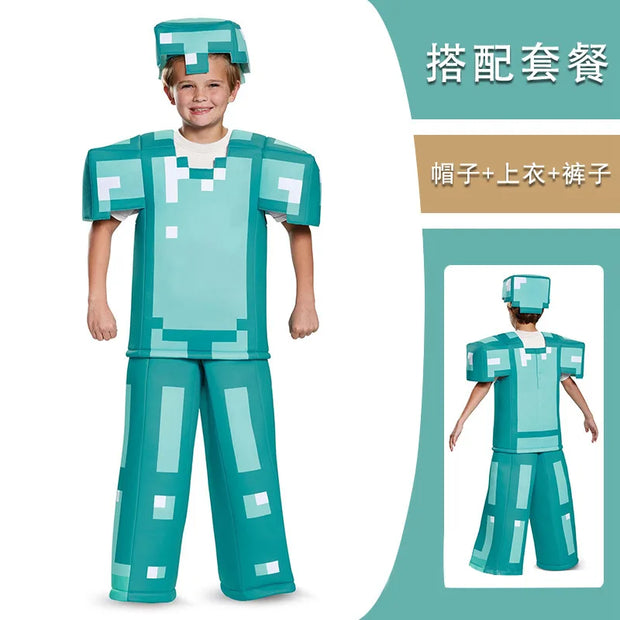Kids Cosplay Diamond Armor Game Character Steve Cosplay Costumes 3 Pieces Set Blue Outfits Dress Up Set for Halloween