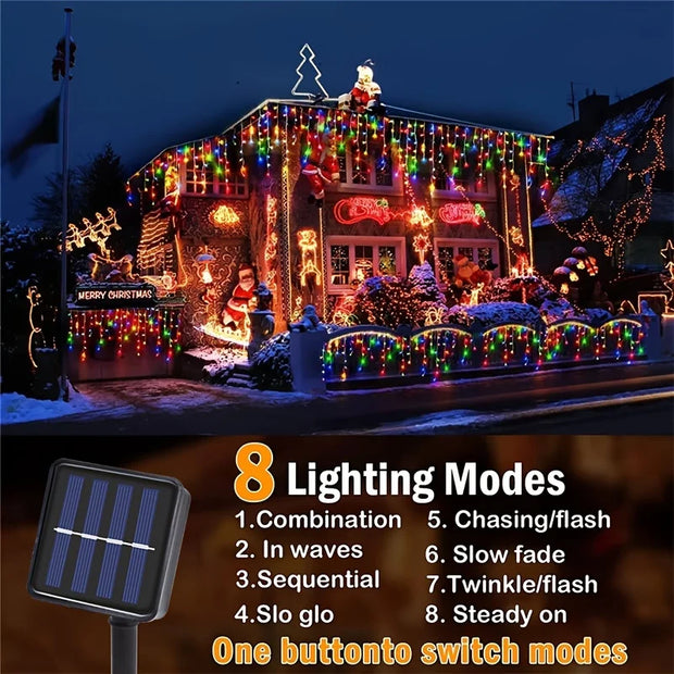 Solar Christmas Decorations Light Outdoor Waterproof Fairy String Curtain Lights for Xmas Eaves Window Party Yard Garden Indoor