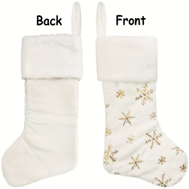 Christmas Stocking, 16 Inch Plush Faux Fur Sock with Snowflake Sequins, Holiday Tree Wall Fireplace Home Decor