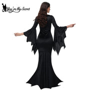 [You're My Secret] Halloween Morticia Adams Primate Black Adams Family Dress Retro Gothic Flared Sleeve Fishtail Dress Vestido