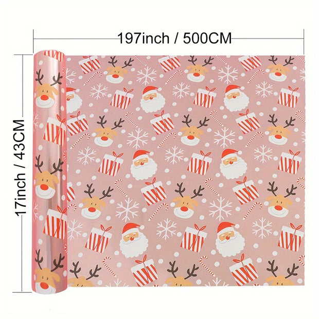 1 Roll Christmas Wrapping Paper Mini Roll, Pink Metallic Foil Shine Paper - Snowflakes/Santa Claus/HO Print for Gift Wrap, Arts