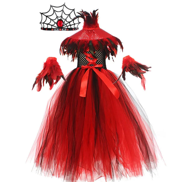 2025 Halloween Vampire Costume for Girls Devil Witch Gothic Mesh Clothes Demon Vampires Queen Cosplay Carnival Party Dress Set
