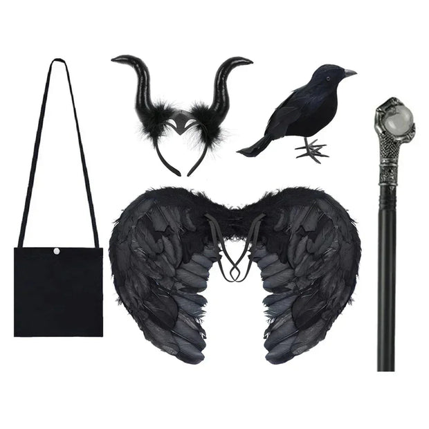 Maleficent Costume for Girls Halloween Witch Cosplay Black Witch Short Sleeve Cute New Horror Dress Accessories Set