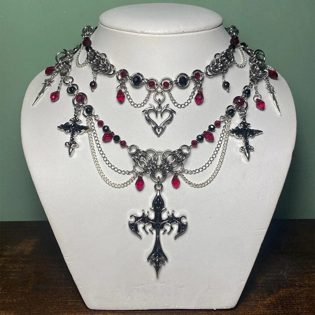 Goth Halloween Necklace for Women,Bat Cross Heart Red Crystal Pendant,Stacking Chain Dark Party Jewelry,Daily Wear&Surprise Gift