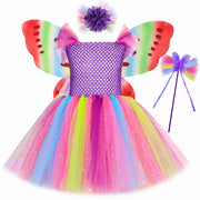 Girls Butterfly Fairy Tutu Dress with Wings Set Glitter Girls Rainbow Tulle Princess Dress Kids Halloween Birthday Party Costume